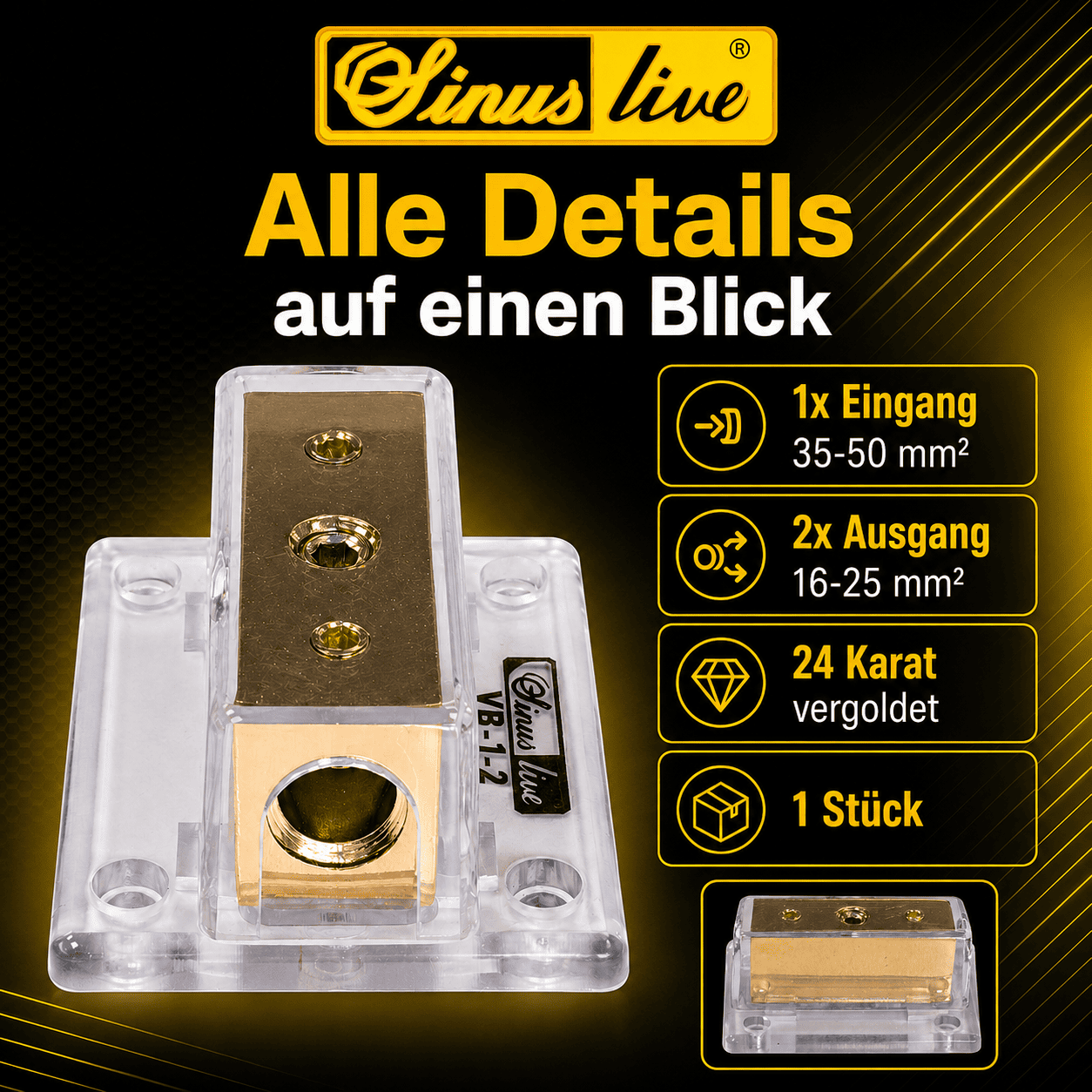 Sinuslive VB1-2 Stromverteiler Eingang von 35-50mm² auf zwei Ausgänge 16-25mm²
